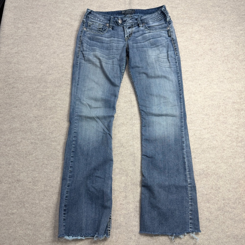 Silver Jeans Co Tuesday Low Rise Bootcut Jeans Blue W28 L33 Raw Hem Medium Wash